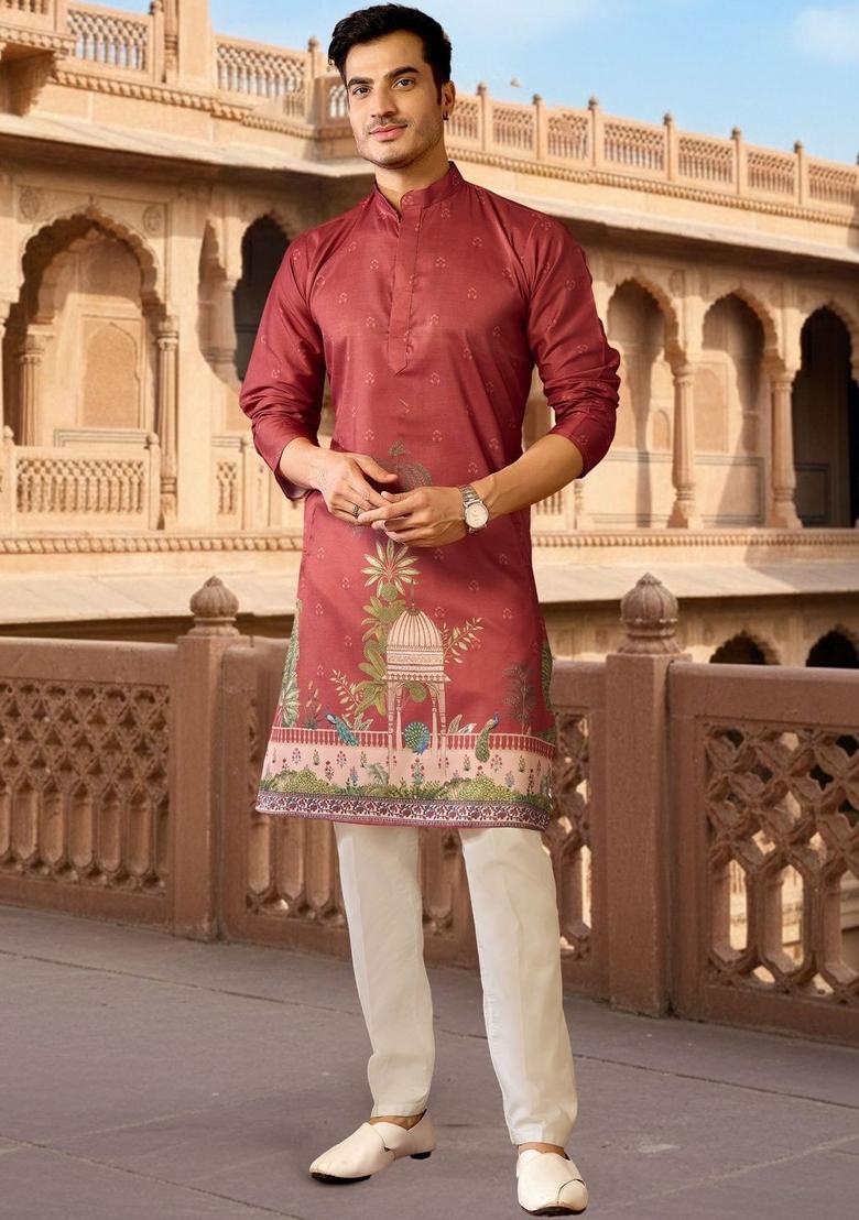 Maroon Printed Silk Kurta Set For Men - Indya