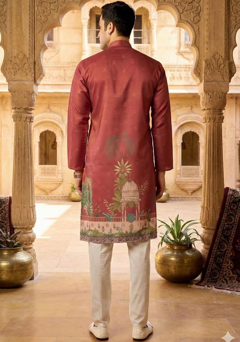 Maroon Printed Silk Kurta Set For Men - Indya