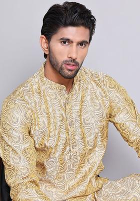 Gold Woven Design Silk Kurta Set For Men