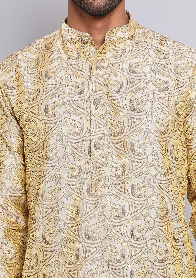 Gold Woven Design Silk Kurta Set For Men - Indya