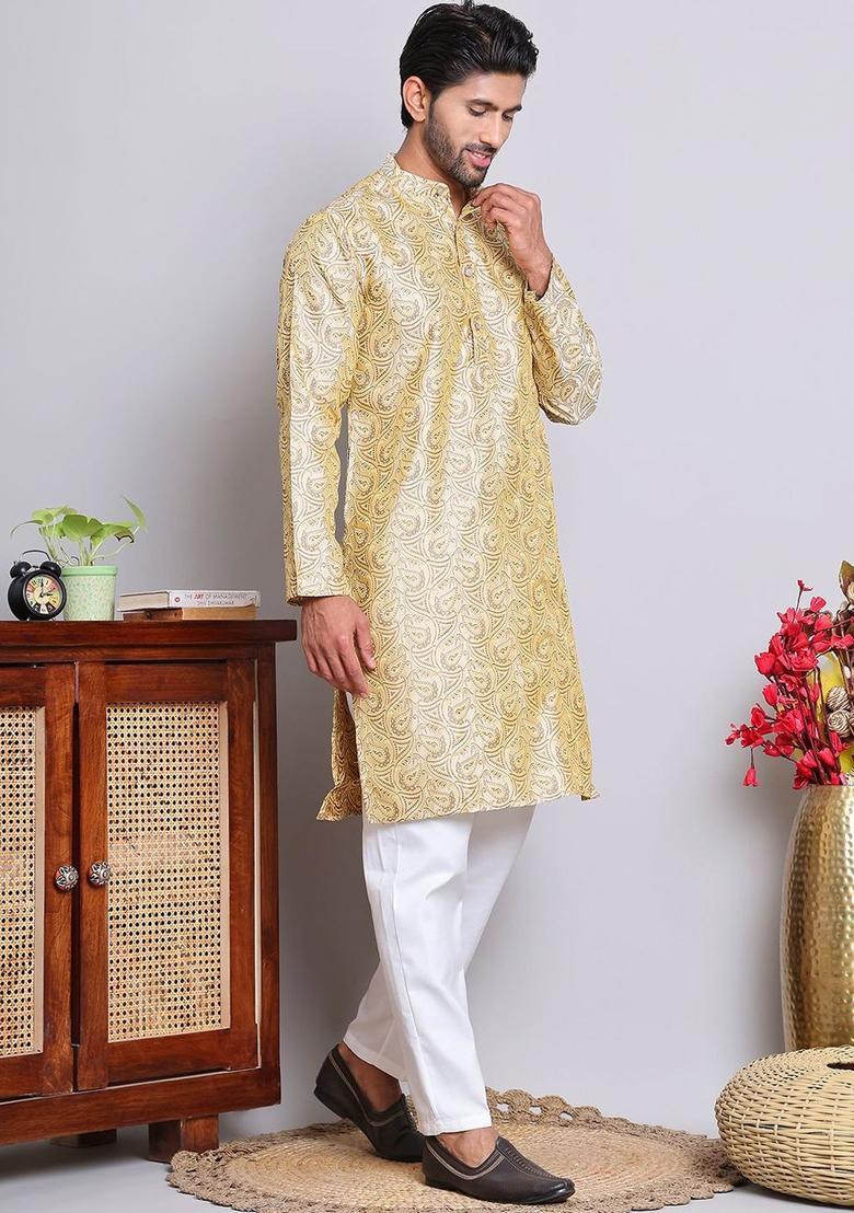Gold Woven Design Silk Kurta Set For Men - Indya