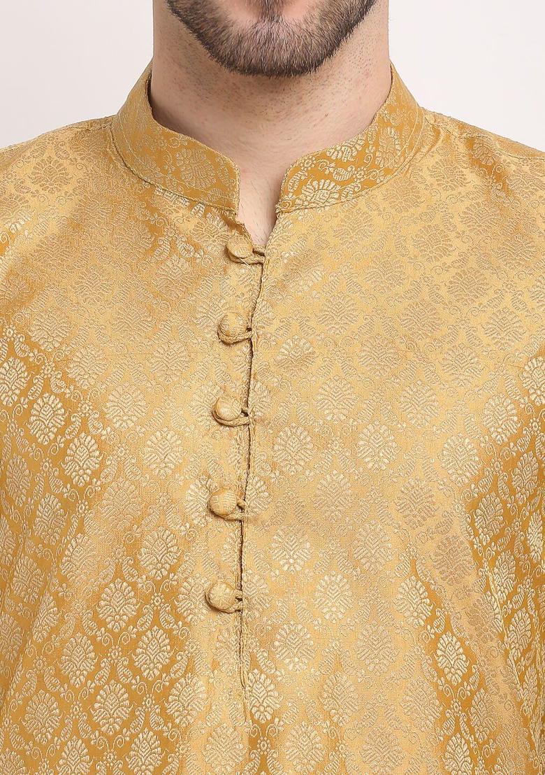 Gold Woven Design Silk Kurta Set For Men - Indya