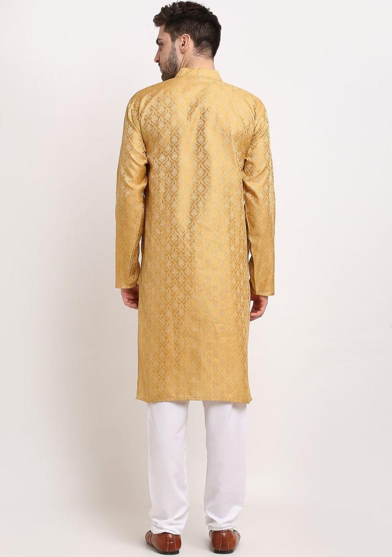 Gold Woven Design Silk Kurta Set For Men - Indya
