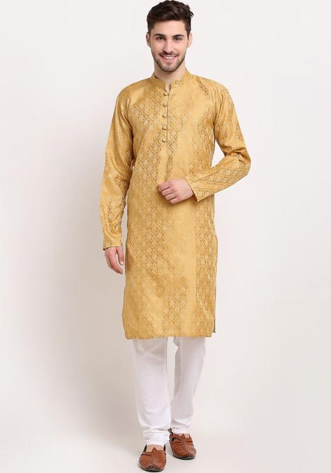 Gold Woven Design Silk Kurta Set For Men