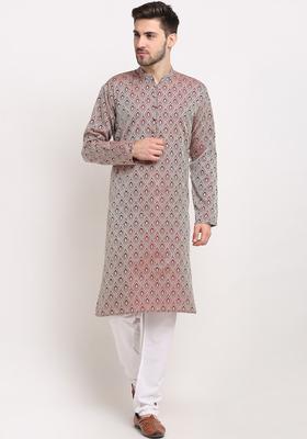 Maroon Self Design Silk Kurta Set For Men