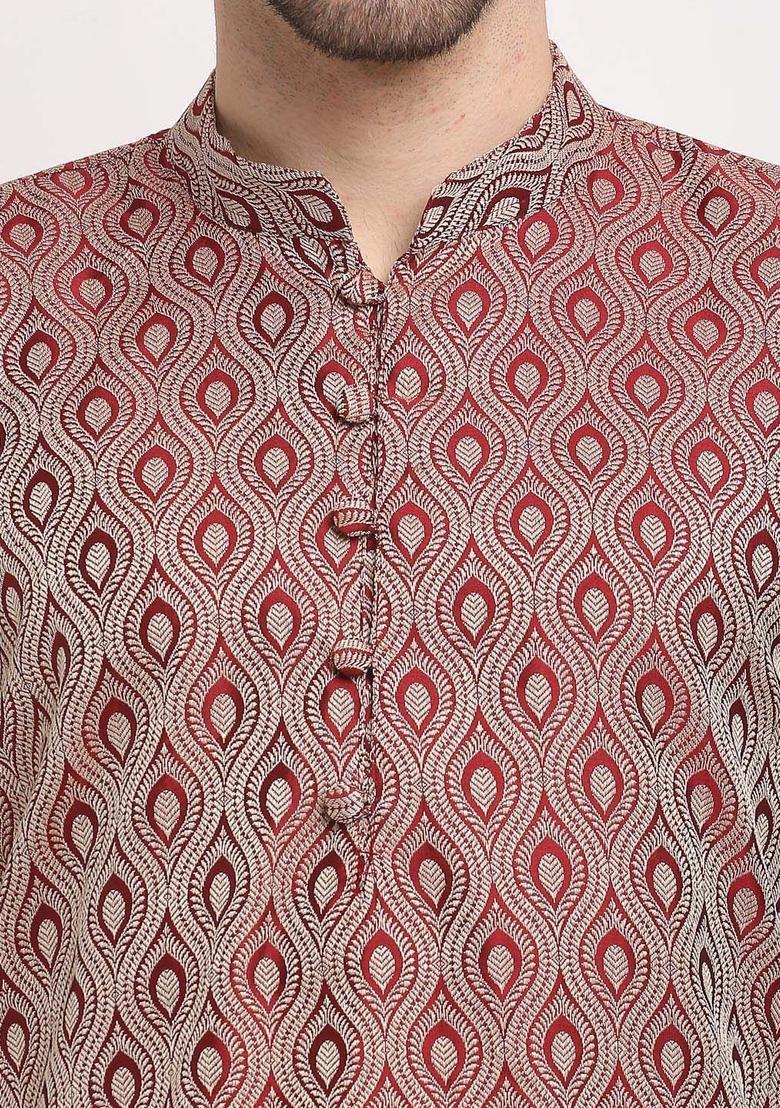 Maroon Self Design Silk Kurta Set For Men - Indya
