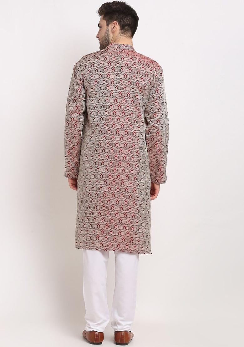 Maroon Self Design Silk Kurta Set For Men - Indya