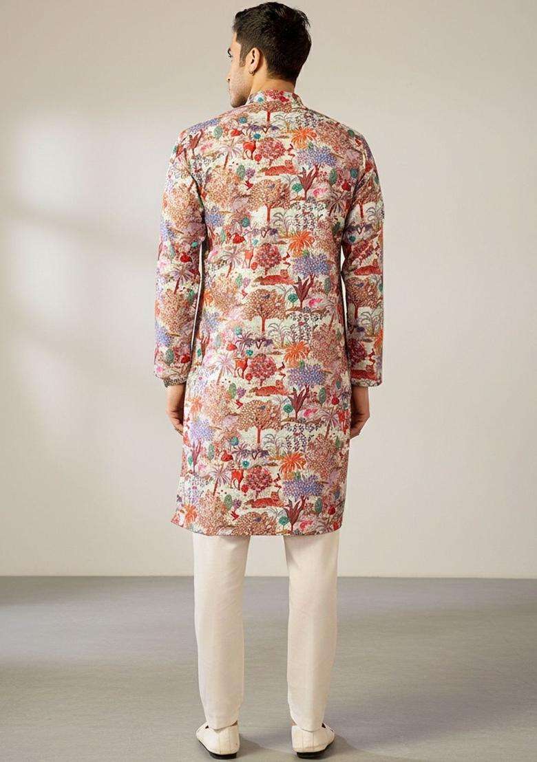 Multi Printed Cotton Kurta Set For Men - Indya