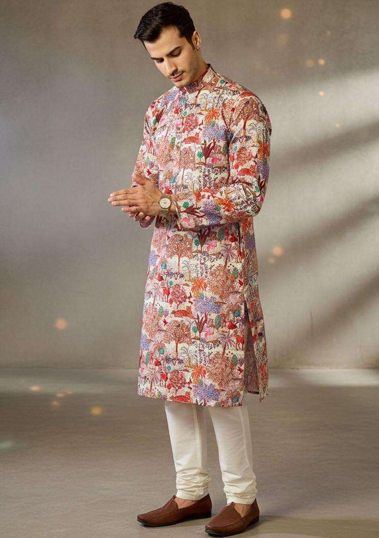 Multi Printed Cotton Kurta Set For Men - Indya
