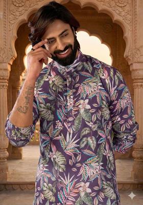Purple Printed Silk Kurta Set For Men