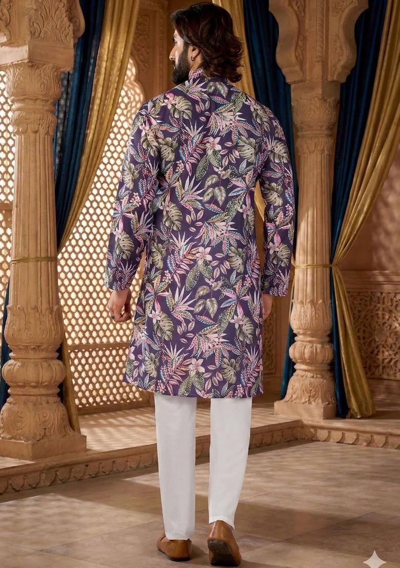 Purple Printed Silk Kurta Set For Men - Indya
