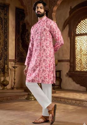 Pink Printed Silk Kurta Set For Men