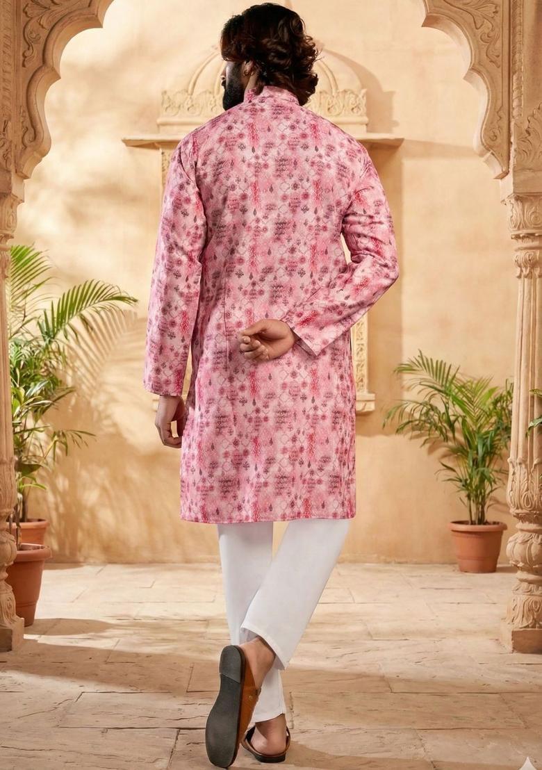 Pink Printed Silk Kurta Set For Men - Indya