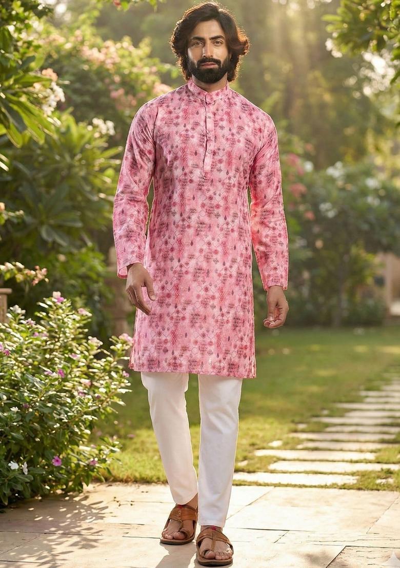 Pink Printed Silk Kurta Set For Men - Indya
