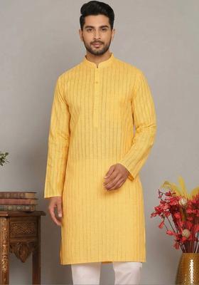 Yellow Self Design Cotton Kurta Set For Men