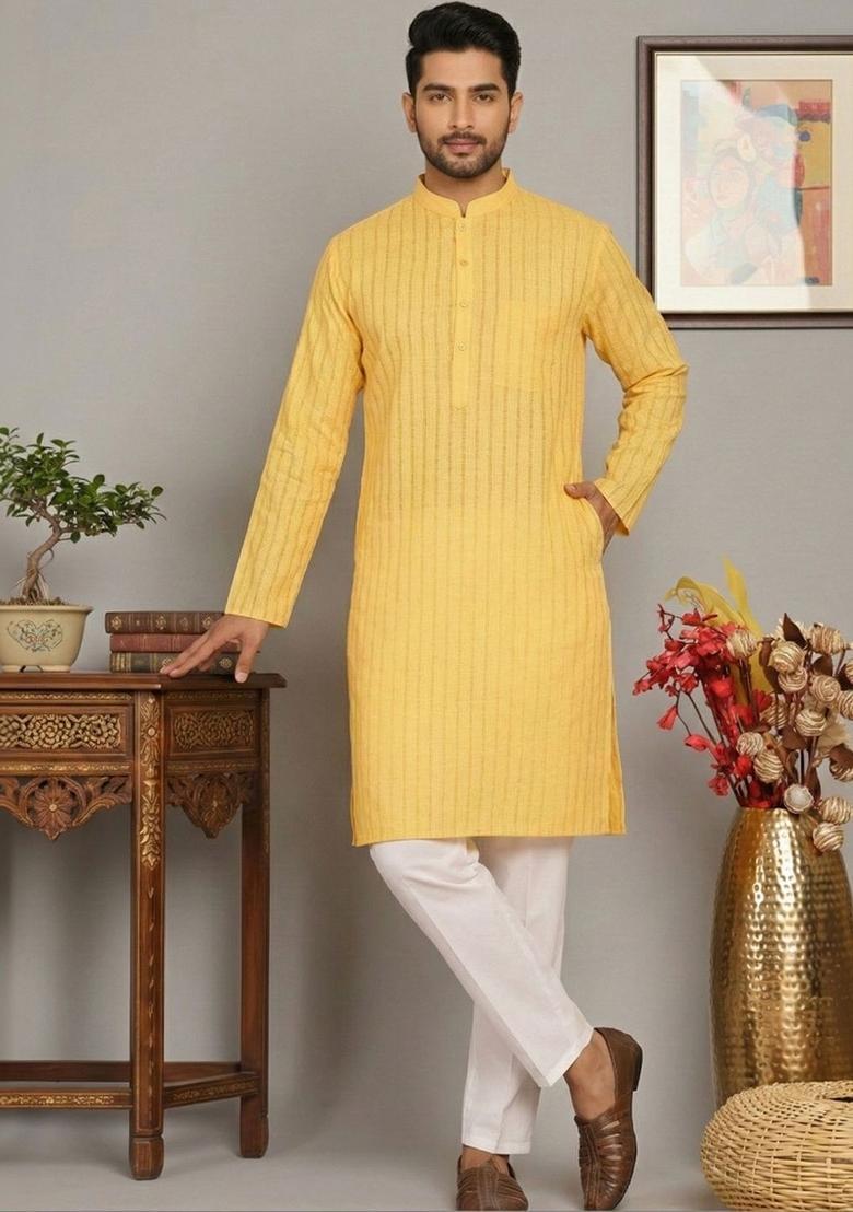 Yellow Self Design Cotton Kurta Set For Men - Indya