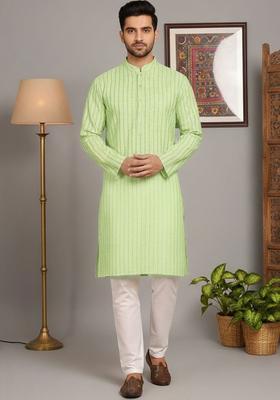 Green Striped Cotton Kurta Set For Men