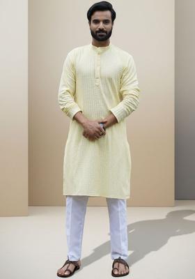 Yellow Self Design Cotton Kurta Set For Men