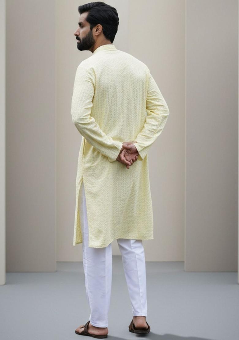 Yellow Self Design Cotton Kurta Set For Men - Indya
