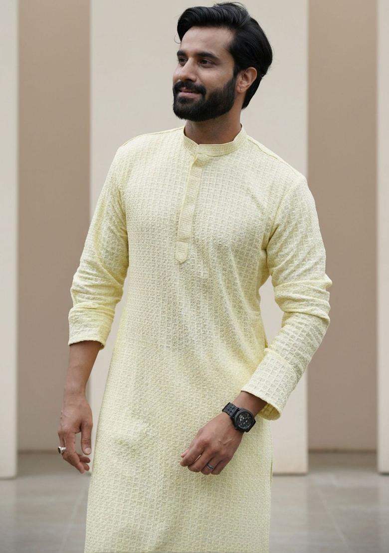 Yellow Self Design Cotton Kurta Set For Men - Indya