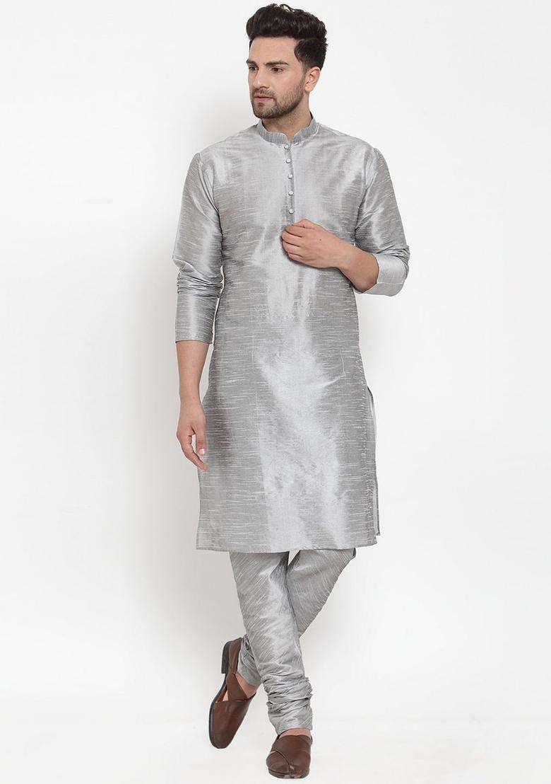 Silver Striped Silk Blend Kurta Set For Men - Indya