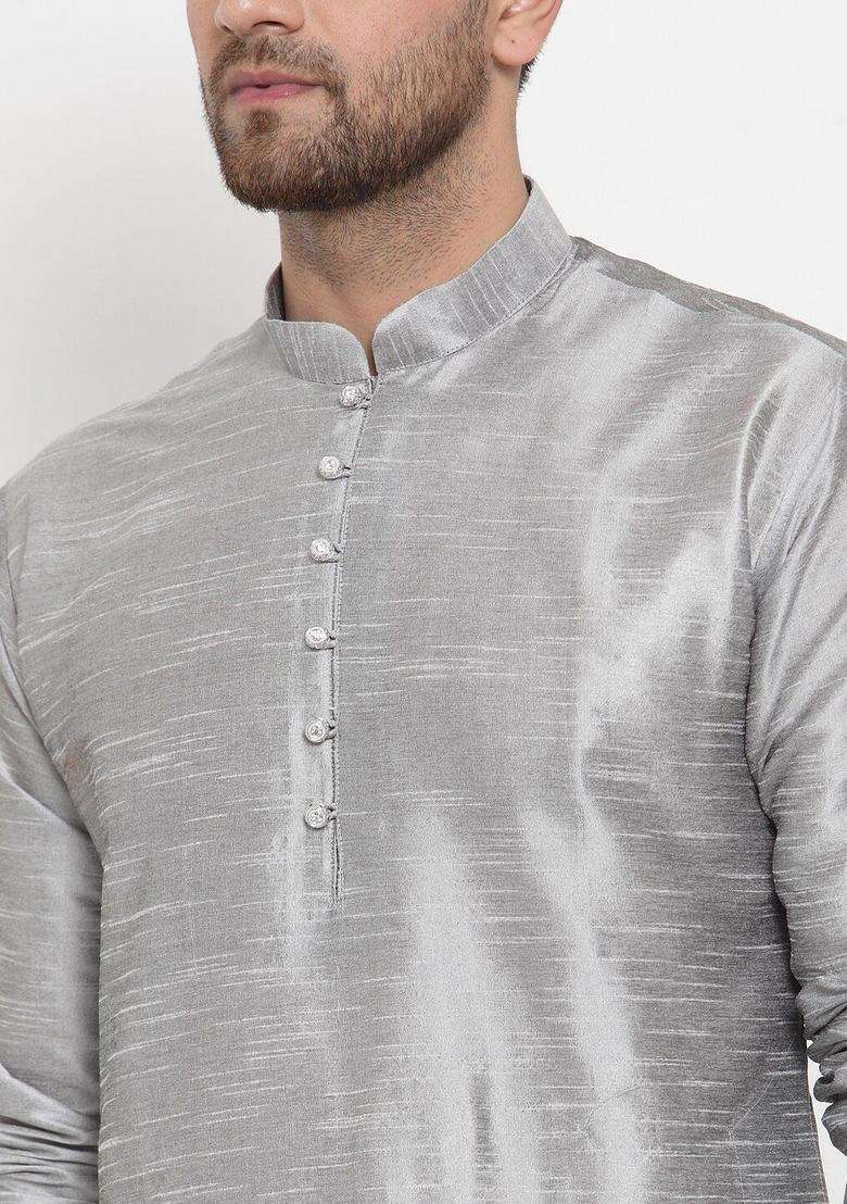 Silver Striped Silk Blend Kurta Set For Men - Indya