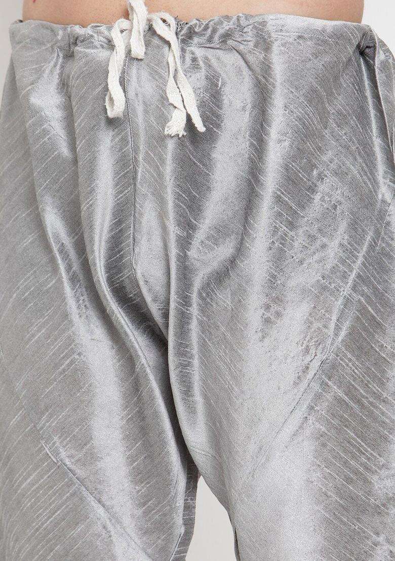 Silver Striped Silk Blend Kurta Set For Men - Indya