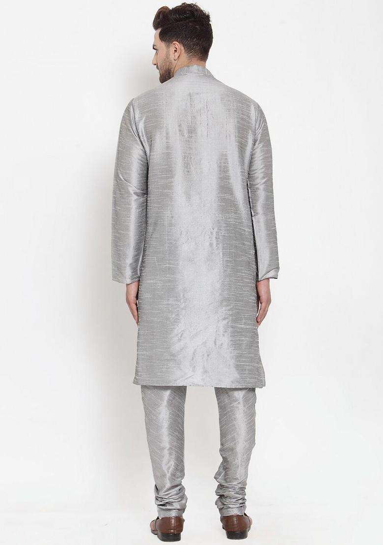 Silver Striped Silk Blend Kurta Set For Men - Indya