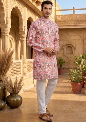 White Printed Silk Kurta Set For Men