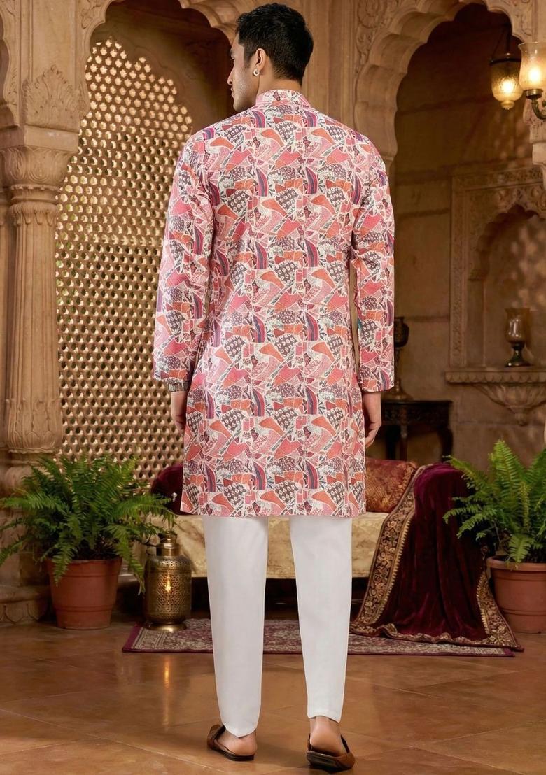 White Printed Silk Kurta Set For Men - Indya