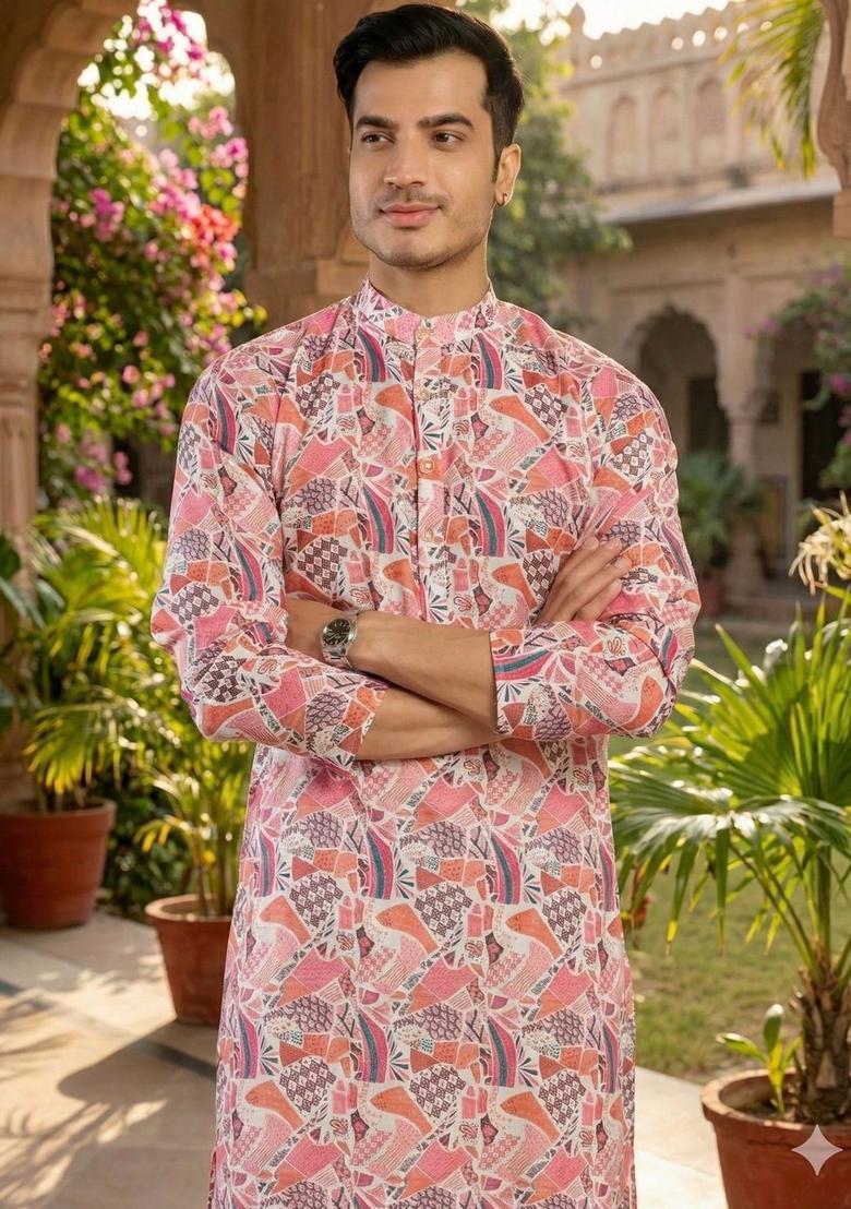 White Printed Silk Kurta Set For Men - Indya