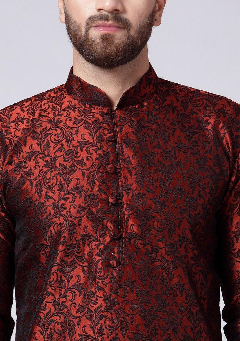 Maroon Woven Design Silk Kurta Set For Men - Indya