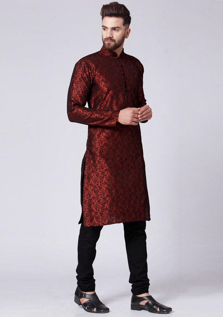 Maroon Woven Design Silk Kurta Set For Men - Indya