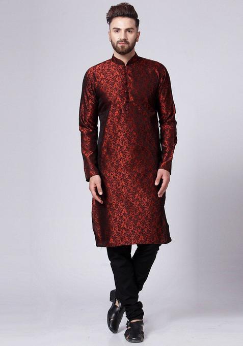 Maroon Woven Design Silk Kurta Set For Men