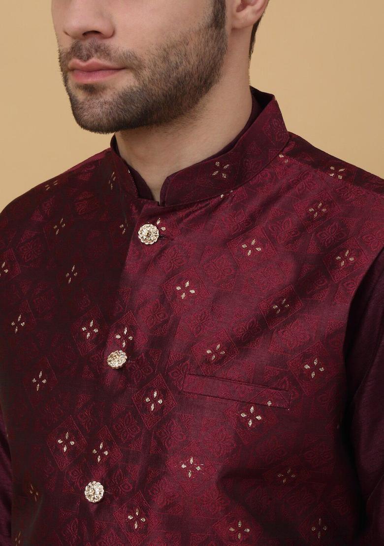 Maroon Solid Silk Kurta Set For Men - Indya