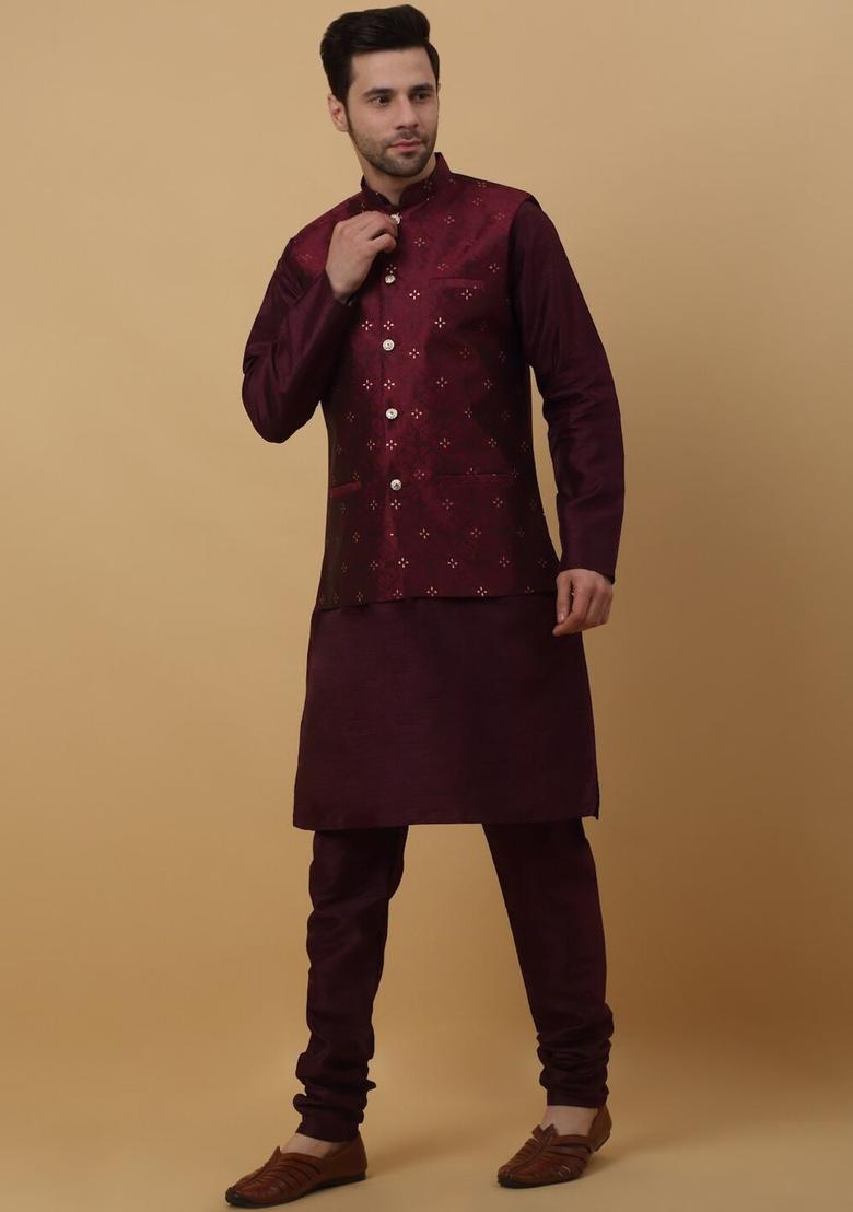 Maroon Solid Silk Kurta Set For Men - Indya