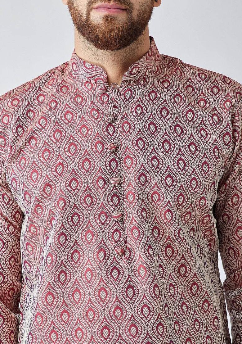 Maroon Self Design Silk Kurta Set For Men - Indya