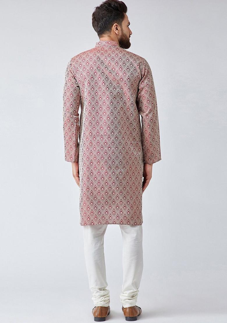 Maroon Self Design Silk Kurta Set For Men - Indya