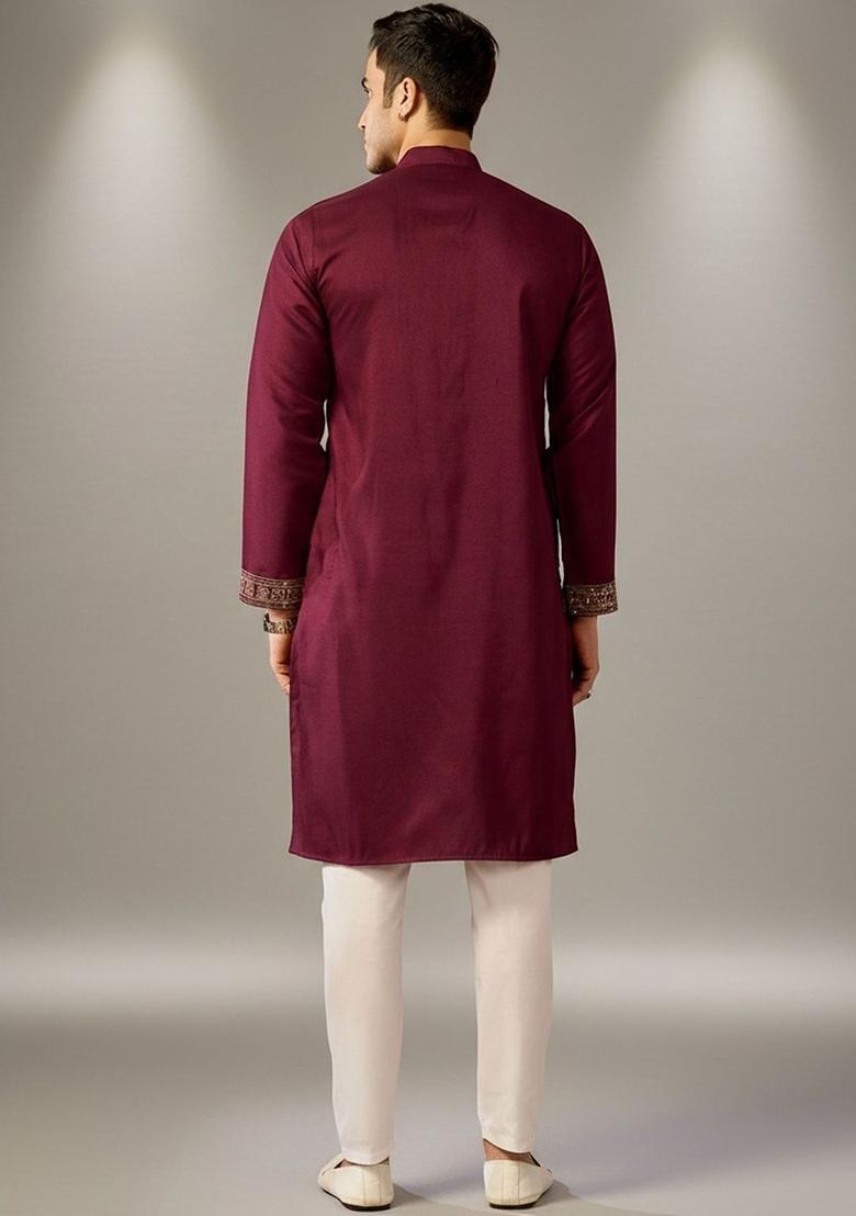 Maroon Embroidered Cotton Kurta Set For Men - Indya