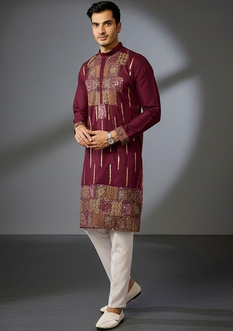 Maroon Embroidered Cotton Kurta Set For Men - Indya
