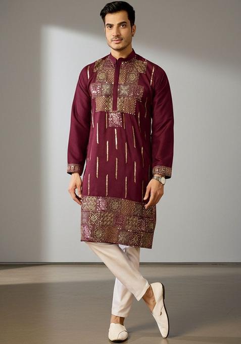 Maroon Embroidered Cotton Kurta Set For Men
