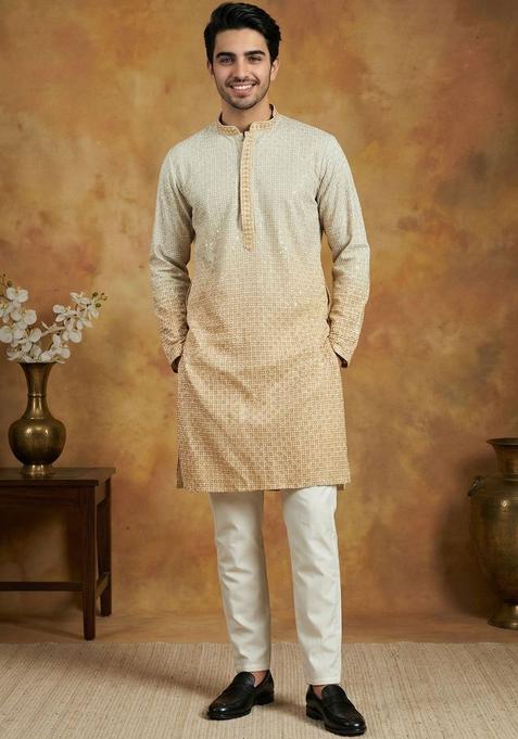 Beige Dyed Viscose Kurta Set For Men
