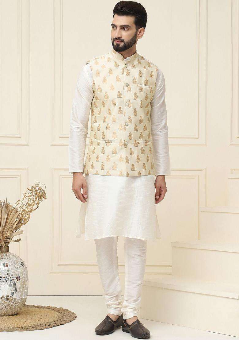 White Solid Silk Kurta Set For Men - Indya
