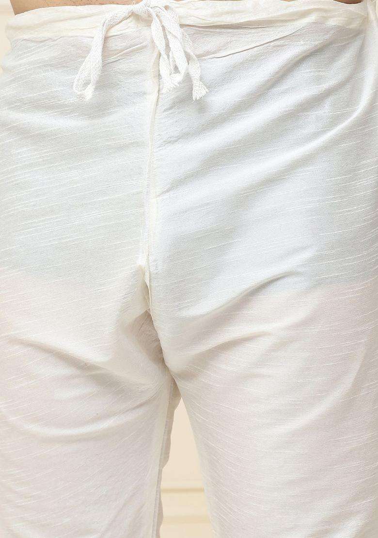 White Solid Silk Kurta Set For Men - Indya