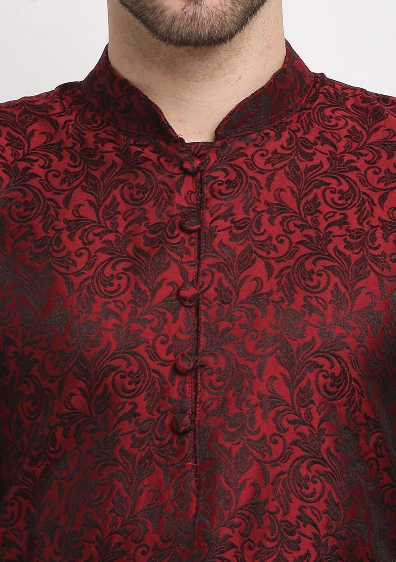 Maroon Self Design Silk Kurta Set For Men - Indya