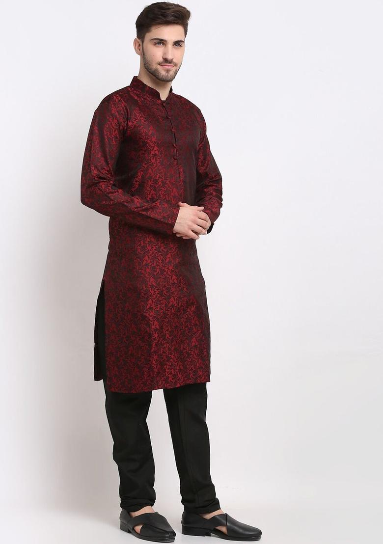 Maroon Self Design Silk Kurta Set For Men - Indya