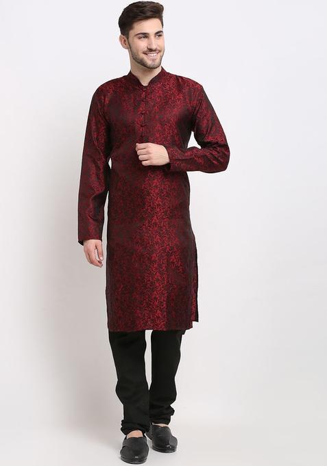 Maroon Self Design Silk Kurta Set For Men