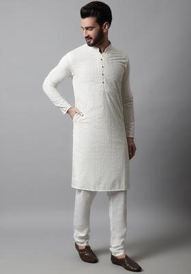 Beige Embroidered Cotton Kurta Set For Men