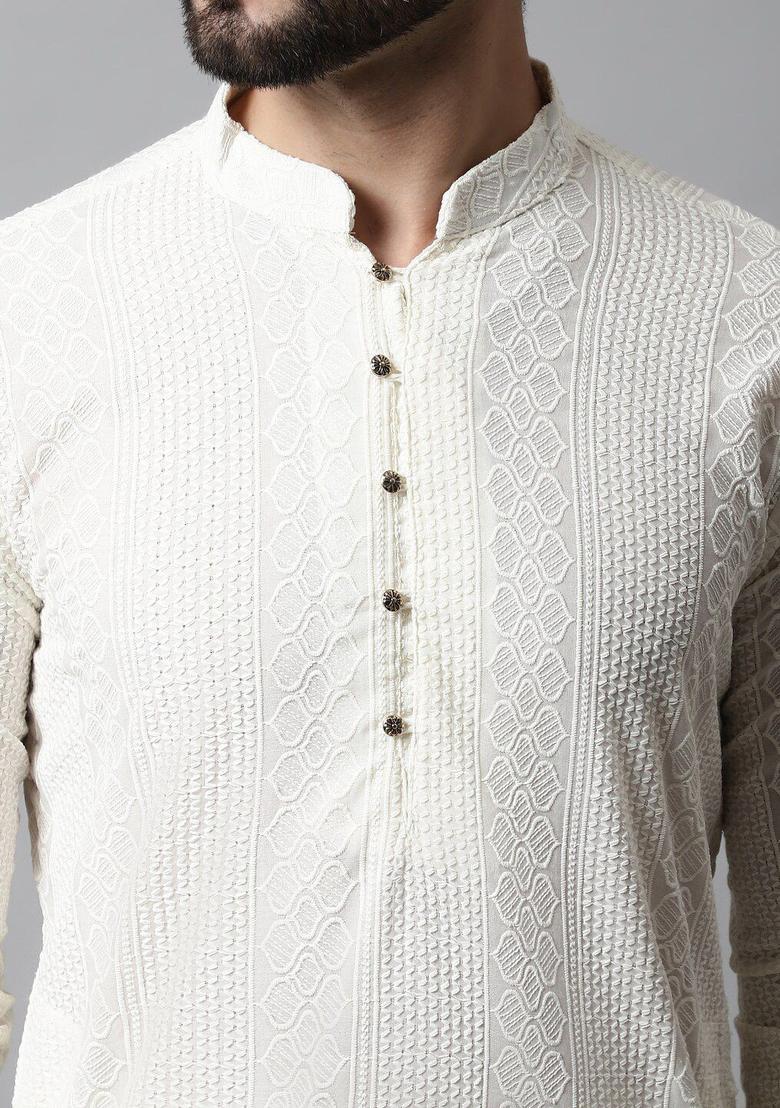 Beige Embroidered Cotton Kurta Set For Men - Indya