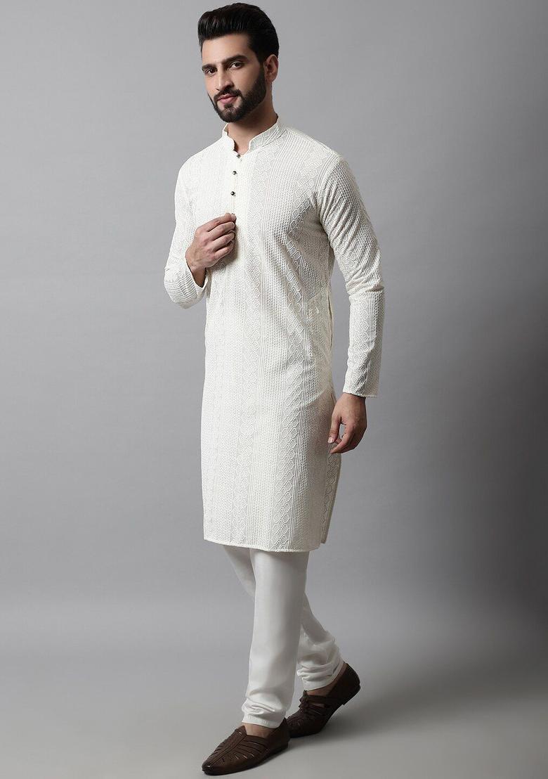 Beige Embroidered Cotton Kurta Set For Men - Indya